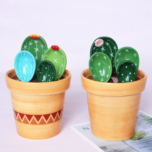 Cactus Ceramic Measuring Spoon Set Cute Kitchen Tool With Base