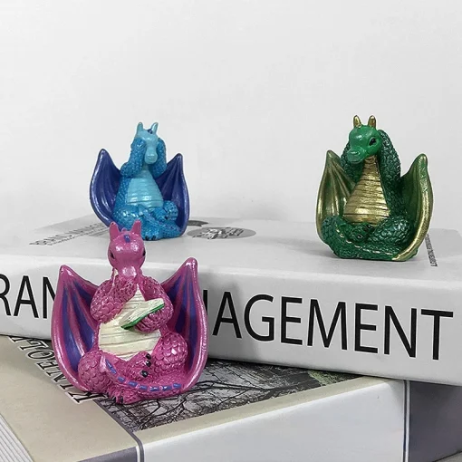 Cute Little Dragon Dinosaur Meditation Reading Book Sculpture Figure Garden Home Decoration Resin Ornament Outdoor Decor