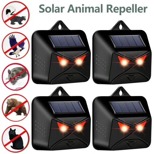 Solar Powered Animal Repellent Ip44 Waterproof Animal Deterrent With Red Led Light Scares Repels Pigeon Bird Ultrasonic Repellen