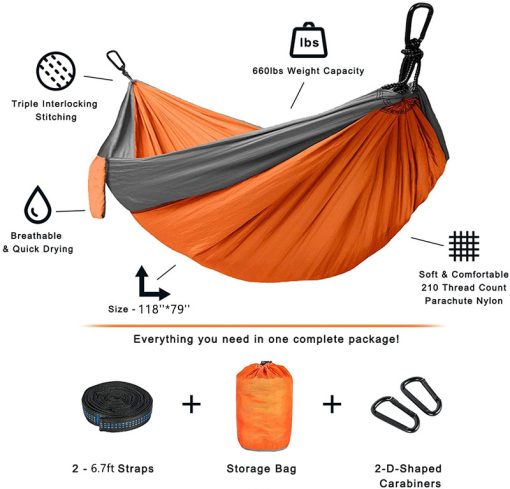 Camping Hammock Travel Portable Hammocks For Outside, Outdoor Lightweight Parachute Nylon Hammocks With Tree Straps Carabiners