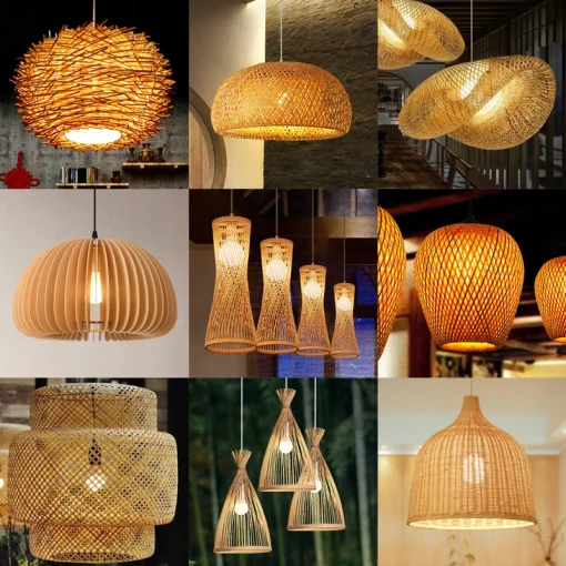 Classic Bamboo Lustre Chandelier Hanging Lamp Ceiling Rattan Pendant Light Fixture Weaving Home Living Bed Room Decor