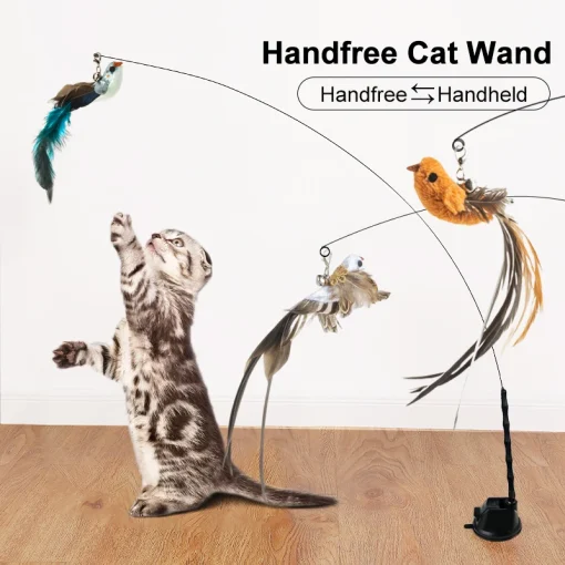 Handfree Bird/Feather Cat Wand With Bell Powerful Suction Cup Interactive Toys For Cats Kitten Hunting Exercise Pet Products