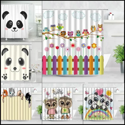 Cute Owl Cartoon Shower Curtains Funny Animal Panda Pet Cat Colorful Flowers Children Bathroom Decor Kids Bath Curtain Set Hooks