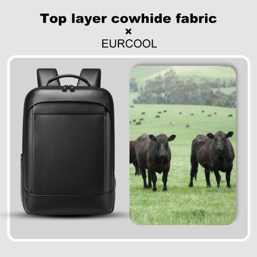 Eurcool Top Layer Cowhide Genuine Leather Men'S Backpack Business Casual Waterproof Pack Male For 15.6 Inch Laptop With Usb