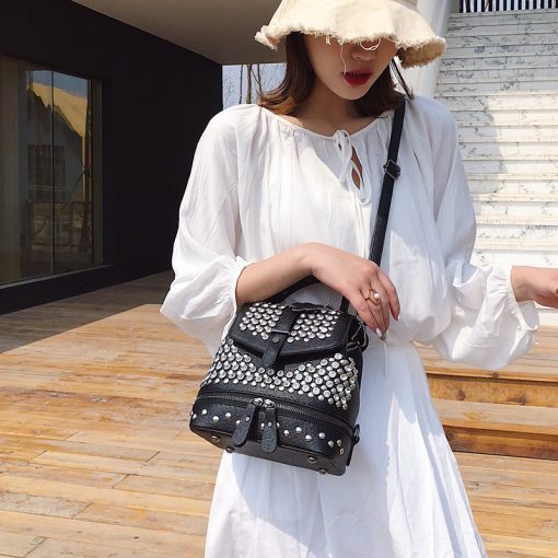 Leather Women Backpack College Style Travel Rucksack School Bags For Teenage Girl 2023 Fashion Women Knapsack Shiny Diamonds