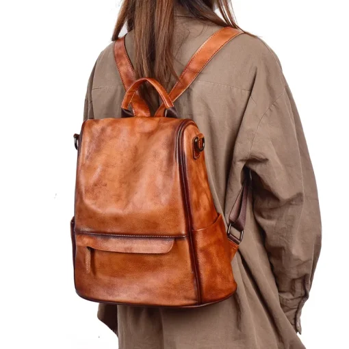 Motaora Vintage Large Capacity Women'S Backpacks Anti Theft Genuine Leather Backpack Cowhide Woman Travel Luxury Bagpack Women