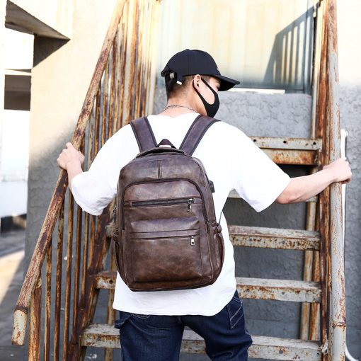 Vintage Men Usb Charging Backpack Large Laptop Bag Pu Leather Man Travel Backpack Casual Teenagers School Bags For Boys