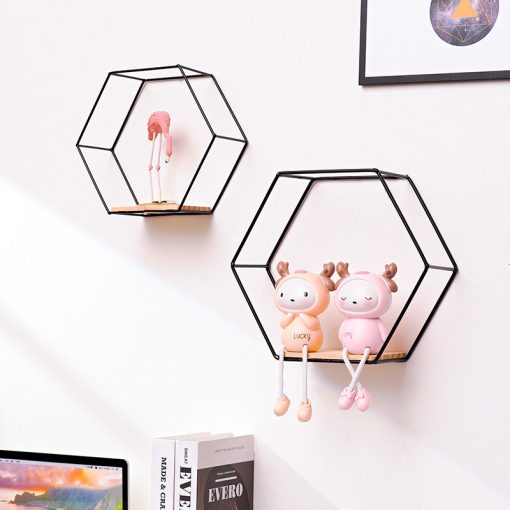 Nordic Style Iron Wall Shelf Hexagonal Metal Wall Storage Rack Shelves With Wooden Board Display Racks Kitchen Room Home Decor