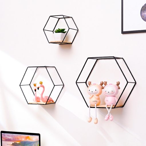 Nordic Style Iron Wall Shelf Hexagonal Metal Wall Storage Rack Shelves With Wooden Board Display Racks Kitchen Room Home Decor