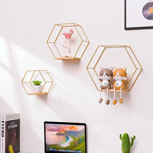 Nordic Style Iron Wall Shelf Hexagonal Metal Wall Storage Rack Shelves With Wooden Board Display Racks Kitchen Room Home Decor