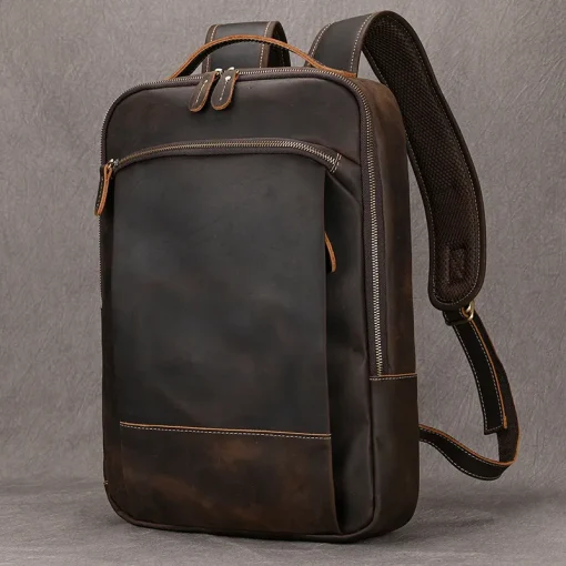 Vintage Men'S Crazy Horse Leather Backpack Genuine Leather Retro Rucksack Large Classic Travel Backpack Big Laptop Computer Bag