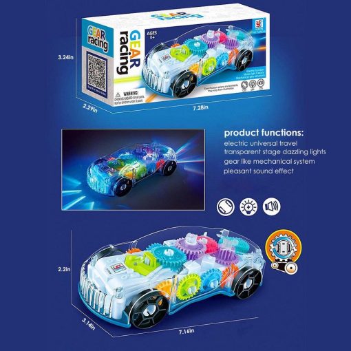 Kids Flashing Racing Car Toy Transparent Light Up Colorful Led Music Mechanical Gear Car Luminous Model Children Birthday Gift