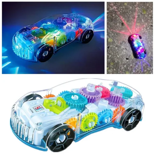 Kids Flashing Racing Car Toy Transparent Light Up Colorful Led Music Mechanical Gear Car Luminous Model Children Birthday Gift