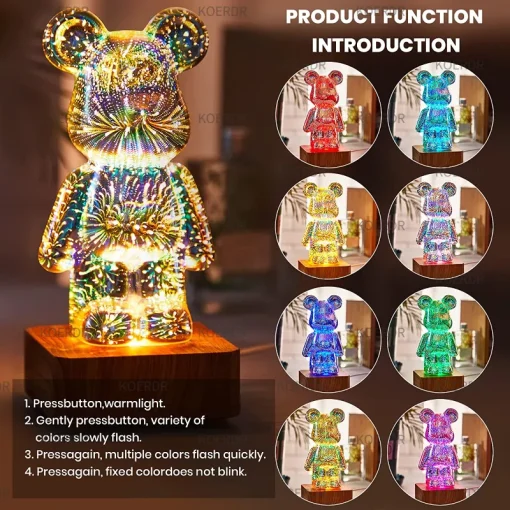 3D Fireworks Bear Night Light Projection Colorful Usb Atmosphere Dimming Living Decorative Decor Room 3D Glass Fireworks Bedroom