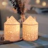 Ceramics Cottage Candle Holder Pattern Embossed Porcelain House Model Lantern Bedroom Ornament Dining Table Decor Festival Craft