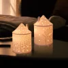 Ceramics Cottage Candle Holder Pattern Embossed Porcelain House Model Lantern Bedroom Ornament Dining Table Decor Festival Craft