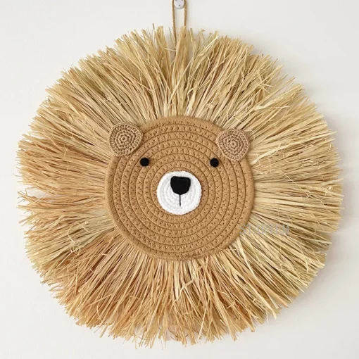 Ins Nordic Lion Wall Decor Cotton Thread Straw Woven Animal Head Wall Hanging Ornament For Nursery Baby Room Decoration